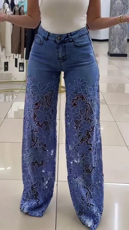 Y2K Lace Flowers Hollow Jeans Fashion High Waist Straight Wide Leg Pants Solid Color Trousers Women's Clothing