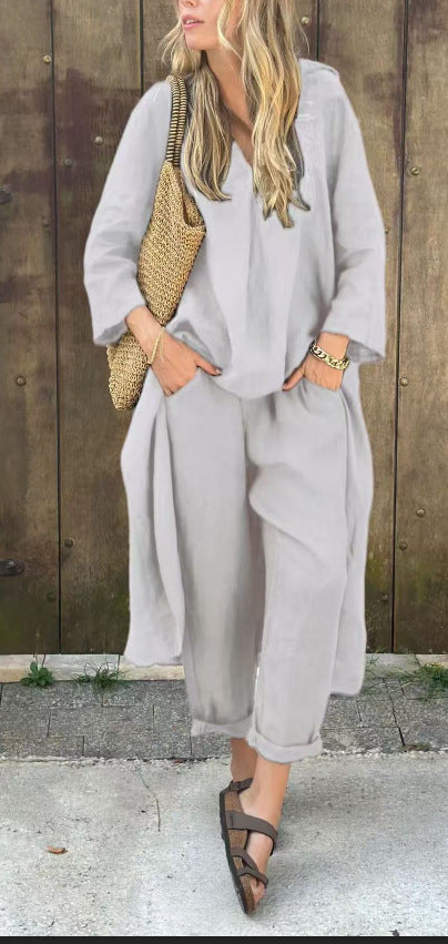 2pcs Long-sleeved Suits Loose V-neck Long Top And High Waist Wide Leg Pants With Pockets Women's Clothing