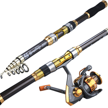 [Quality Construction] Sougayilang Ultralight Carbon Fiber Spinning Fishing Rod - Portable, Medium Action, 6.72-9.84ft Extendable Length, Black & Golden with Comfort Grip Handle - Ideal for All Anglers