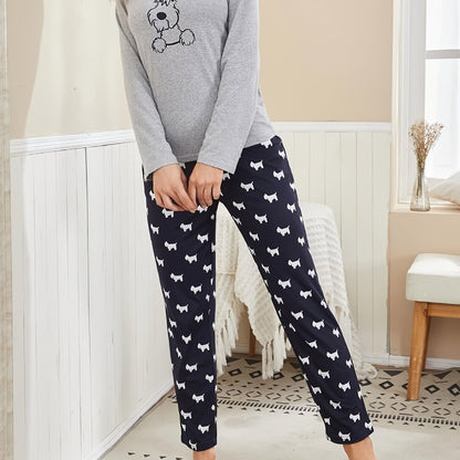 Cartoon Dog Print Pajama Set, Long Sleeve Crew Neck Top & Elastic Waistband Pants, Women's Sleepwear & Loungewear